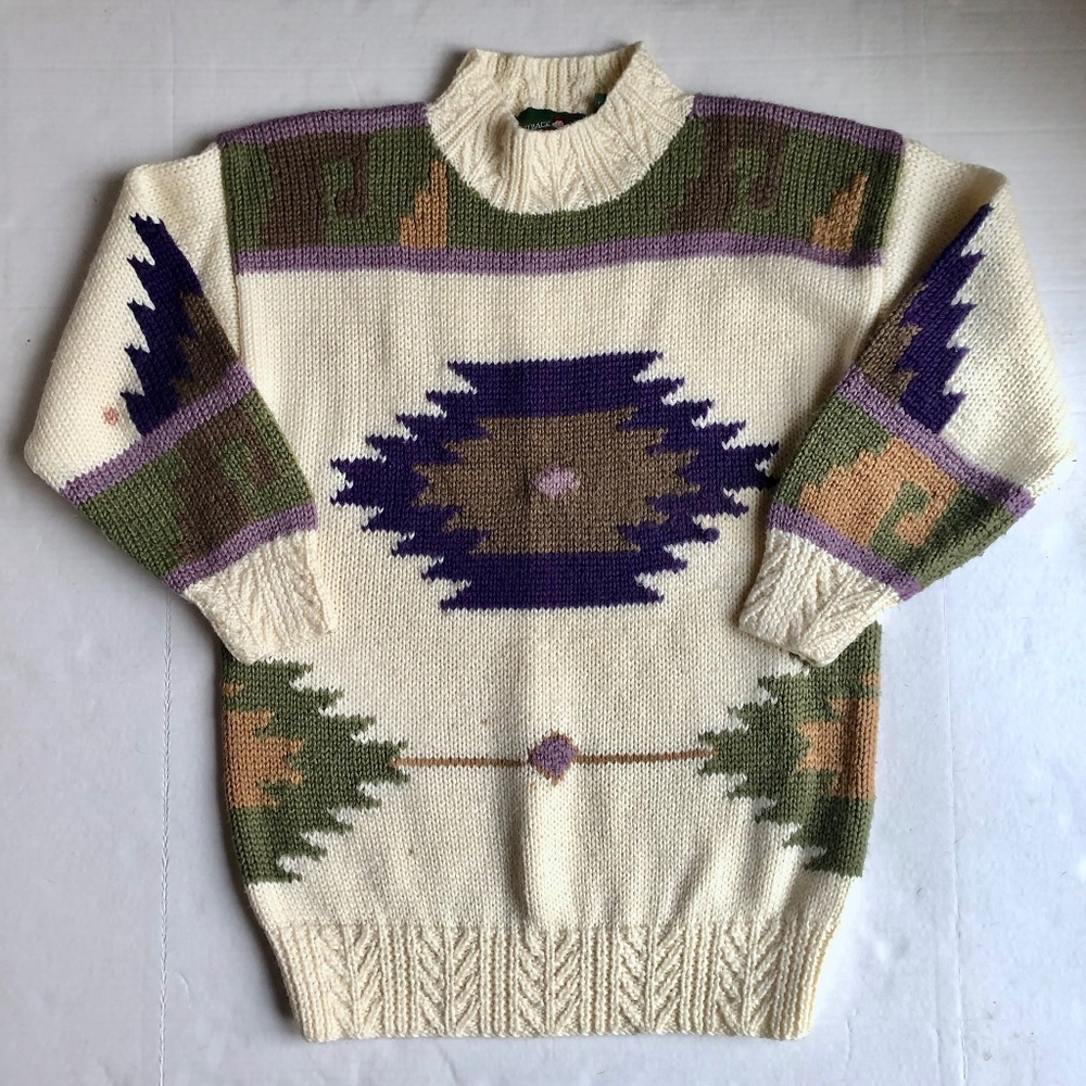 Vintage Aztec Western Print Cream Oversized Knit Sweater